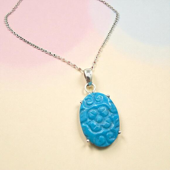 Handmade Jewelry - Turquoise Pendant Necklace Carved Flower 925 Sterling Silver Artisan